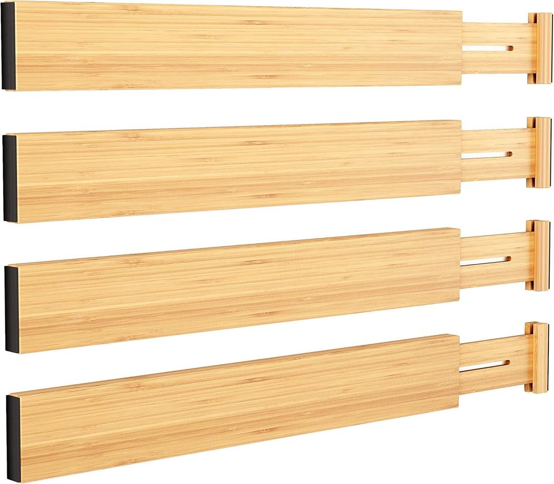 BAMEOS Drawer Divider,Expandable Bamboo Separators Adjustable Utensil Knife Fork Tool Kitchen Organizer, Clothes Fabric Drawer Organizer In Bathroom Bedroom Office, Cabinet Dresser Organizer 4-pack (2''H, 13.3''-19''L, Natural)