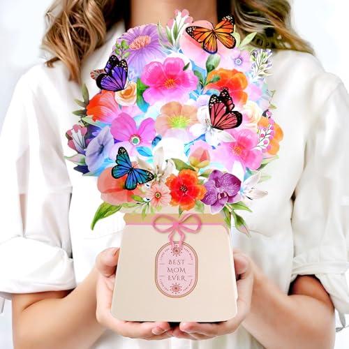 LIGHTS & MUSIC Mothers Day Pop Up Card, Orchid, Lily and Butterflies, 10 Inch Life Sized Forever Flower Bouquet Mother’s Day Cards from Daughter, Son, Husband, Gifts Cards for Mom Wife Grandma, 2 pack