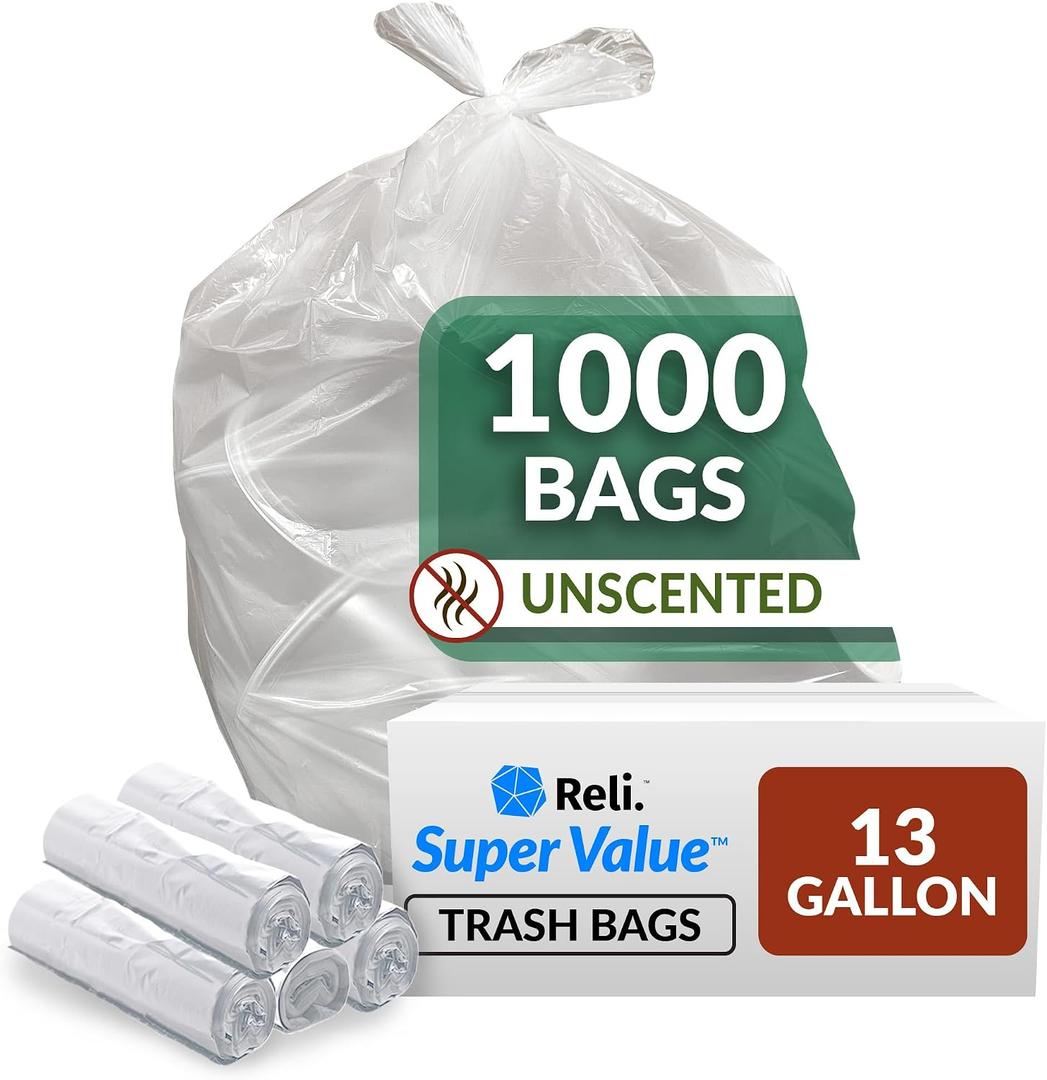 Reli. SuperValue 13 Gallon Trash Bags | 1000 Count Bulk | Tall Kitchen | Can Liners | Clear Multi-Use Garbage Bags