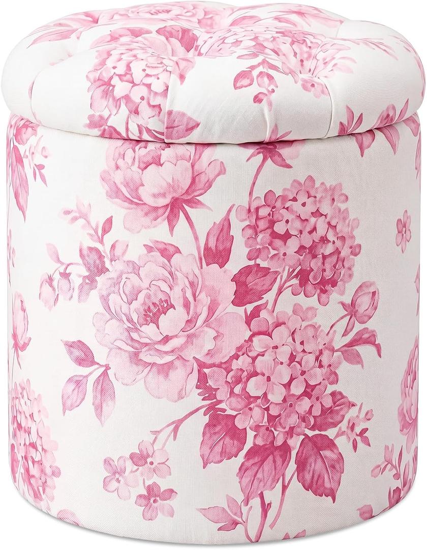 Novabright 1 Pcs 16" Dorm Tufted Round Floral Ottoman,Classic,Damask Pink, 19.7"D x 16.7"W x 16.7"H