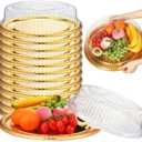 Nitial 12 Pcs Heavy Duty Serving Tray with Clear Lid, Round Elegant Gold Catering Trays Disposable Large Plastic Platters for Fruit Cake Sandwich Party Takeout Food Picnic Supplies (16 Inches)