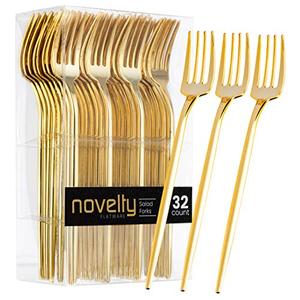 Novelty Modern Flatware, Cutlery, Disposable Plastic Salad forks Luxury Gold 64 Count