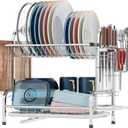 iSPECLE 2 Tier Dish Drying Rack - Stainless Steel Dish Rack for Kitchen Counter with Stainless Steel Utensil Holder and Cutting Board Holder, Silver (Silver- Automatic Drainage)
