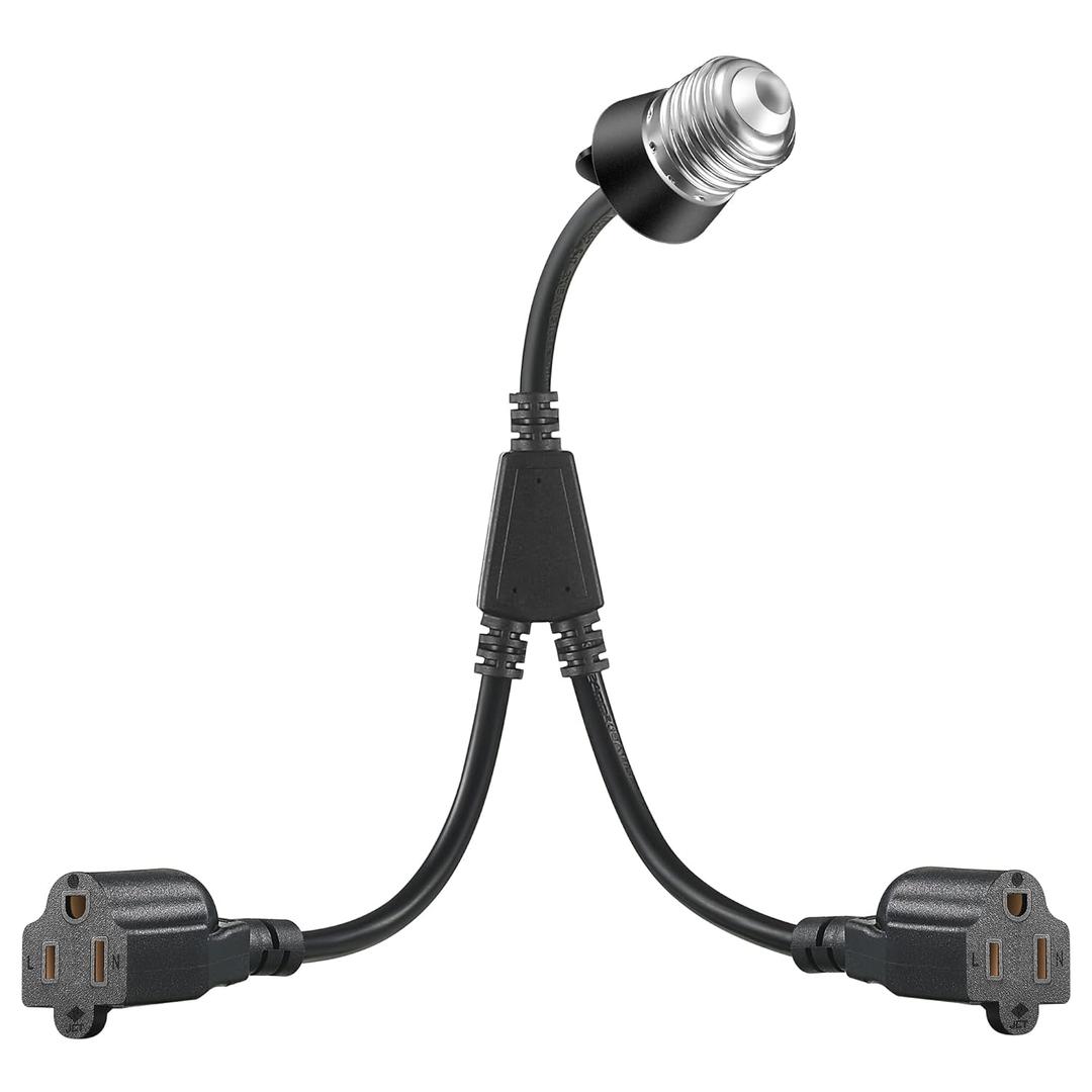 1 Pcs 2 in 1 Light Socket to Plug Adapter, Convert E26/E27 Bulb Socket to 2 Pieces 3 Prong Outlet with Extension Cord, Flexible Light Bulb Socket Converter Suitable for Porch Patio Garage Use (Black)