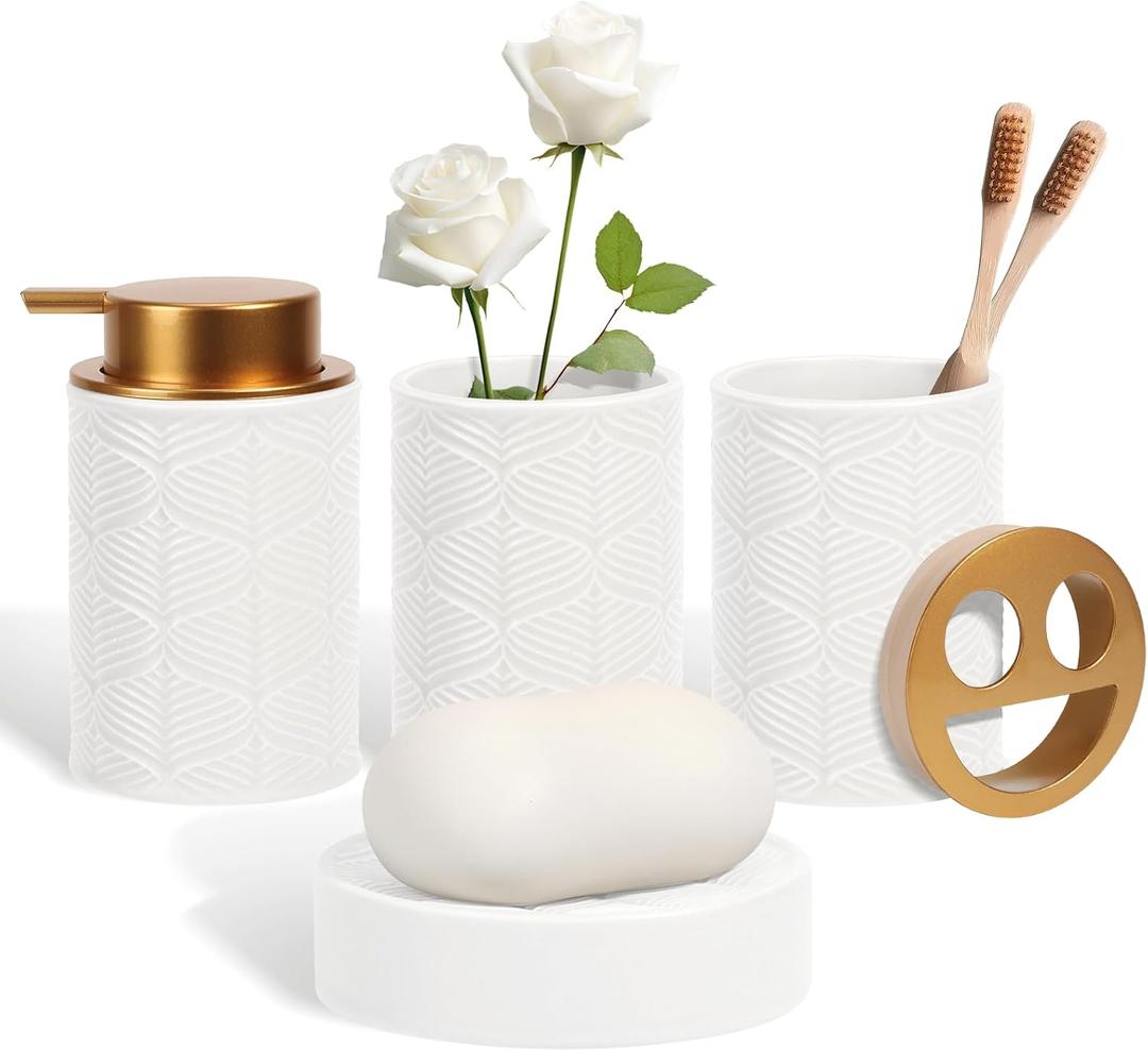 Kukikan Ceramic Bathroom Accessories Set, 4 Pcs-Includes Lotion Soap Dispenser, Toothbrush Holder, Vanity Tray, and Tumbler, Modern Bathroom Decor Organizer with Soap Dish, Apothecary Jar, White Color