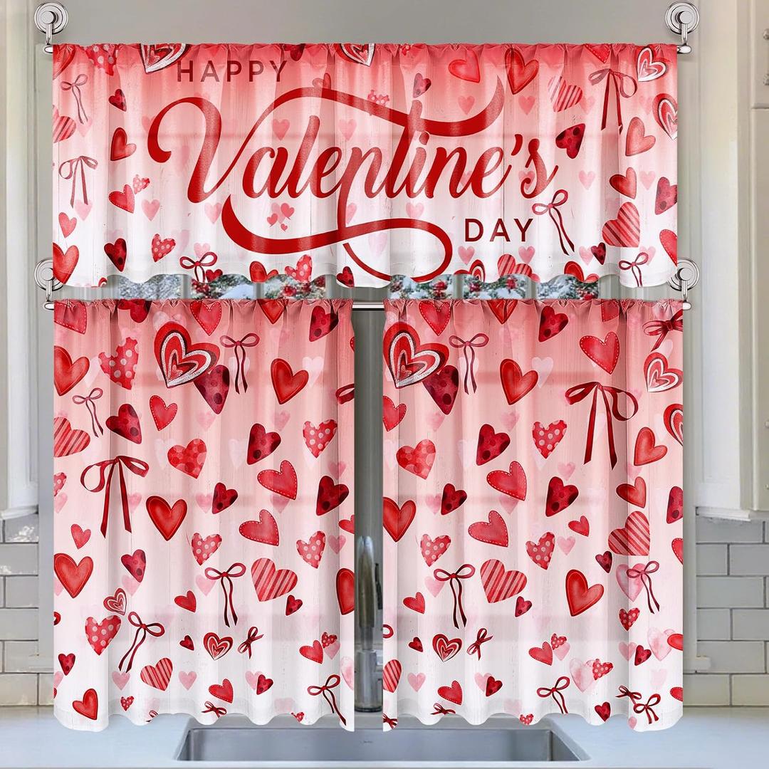 Breling 3 Pcs Valentine's Day Kitchen Curtains Valances and Tiers Set for Window Heart Bow Knots Romantic Decor Short Curtain Set for Bedroom Window Treatment Decor Party Favor Supplies