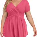 TIANZHU Women's Plus Size Dressy Tops Wrap Shirt Short Sleeve Tunic Top V Neck Low Cut Cute Blouse (X-Large, Red Peach)
