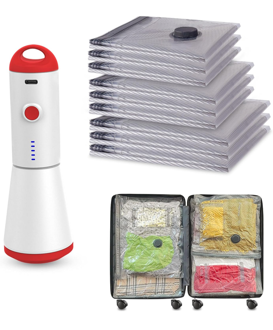 Travel Vacuum Storage Bags with Rechargeable USB Pump, 9 Pack Carry-On Size Compression Packing Bags for Luggage and Suitcase, Space Saver for Clothes and Clothing Travel