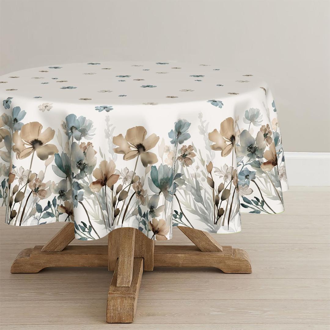 Horaldaily Vintage Tablecloth 60x60 Inch Round, Watercolor Flowers Washable Seasonal Table Cover for Party Picnic Dinner Decor (Beige)