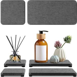4PCS Water Absorbing Stone Tray, Quick Drying Diatomite Stone Sink Tray, Water Absorbent Diatomite Coasters Used for Hand Soap Dispenser Toothbrush Sponges Holders in Bathroom Counter and Kitchen Sink (Dark Gray)