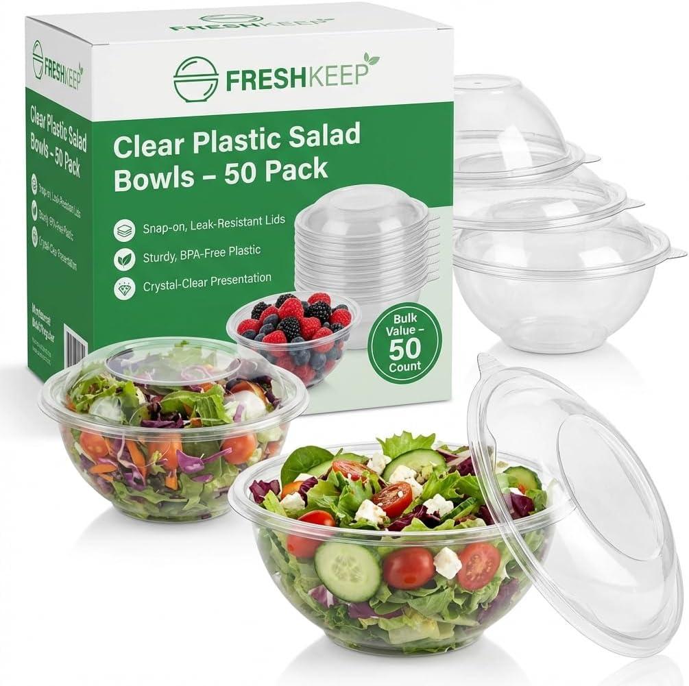 Mr Miracle Clear 48 Ounce Plastic Salad Bowls with Snap-On Lids. Pack 50. Airtight Disposable Salad Containers for Lunch, Meal Prep, Parties. Ideal as Disposable Salad Bowls with Lids