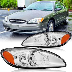 Headlights Assembly Pair Compatible with 2000-2007 Ford Taurus Headlamps Replacement Driver and Passenger Side,Chrome Housing Amber Reflector