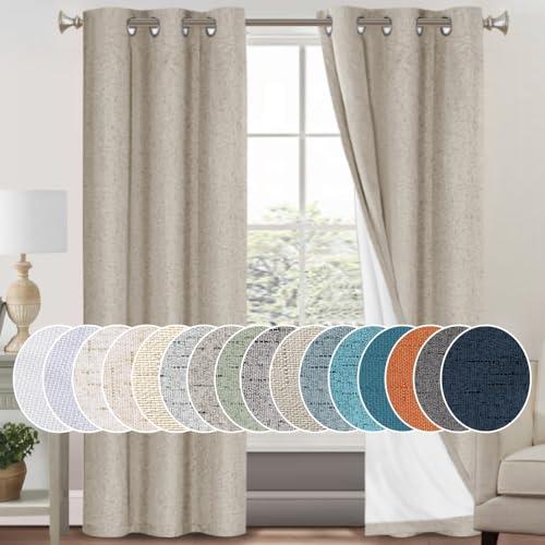 PrinceDeco 100% Blackout Curtains for Bedroom 84 Inches Long Linen Blackout Thermal Drapes Privacy Protection Room Darkening Window Curtain with White Liner, 2 Panels Set, W42 X L84,Stone