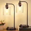 Set of 2 Oil Rubbed Bronze Table Lamps with 2 USB Port, Fully Stepless Dimmable Bedside Lamps for bedrooms, Industrial Nightstand Desk Lamps with Seeded Glass Shade for Living Room 2 LED Bulb Included (Seeded Glass&Oil-Rubbed Bronze(Base)-Two 2700K Bulbs Included)