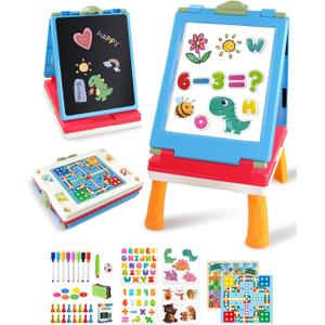 Easel for Kids, 4 in 1 Double Sided Toddler Art Easel with Chalkboard & Magnetic Whiteboard, Foldable Kids Tabletop Easel with Drawing & Writing Accessories - Gift for Boys and Girls (Blue)