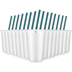 Lounsweer 15 Pcs Clear Reusable Cups with Straws and Lids, Plastic Frosted Round Bottom Ice Coffee Cups Travel Mug Tumbler for Beverage Water Party Birthday Disposable Drinkware (16oz,Green), as picture
