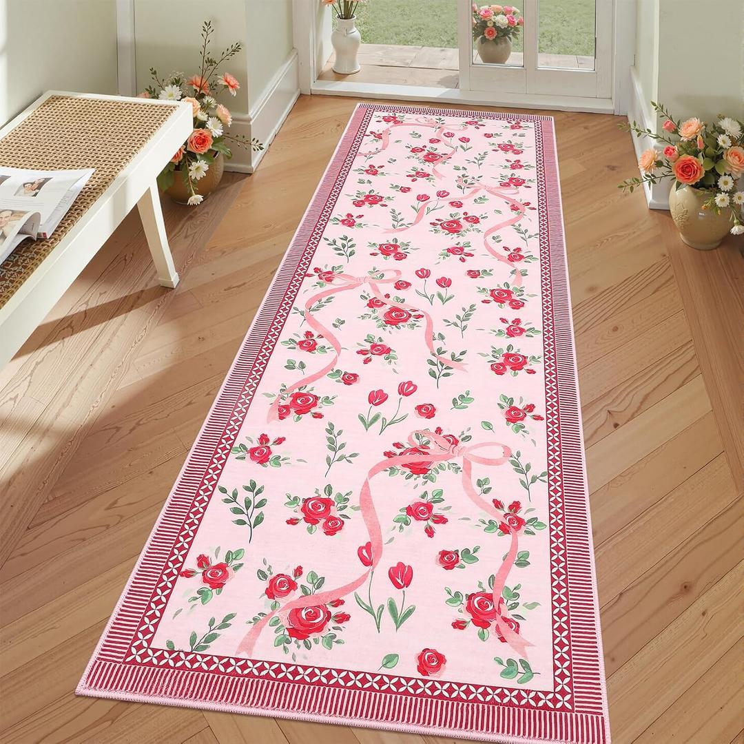 GarveeHome Runners for Hallways Non Slip, 2x6 Kitchen Runner Rug Red Bow Rugs for Bedroom Girls, Low Pile Soft Washable Runner Floral Red Area Rug for Nursery Entryway Dorm Christmas Decor