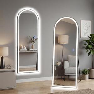 16"x60" Arched LED Full Length Mirror with Stand, Full Body Wall-Mount Mirror with LED Lights 3 Color Lighting, Hanging or Leaning, Floor Standing, Modern Simple Home Wall Decor