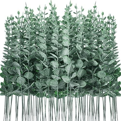 Canlierr 100 Pcs Eucalyptus Stems Faux Greenery Artificial Eucalyptus Leaves Decor Greenery Stems Branch for Wedding Centerpiece Flower Bouquet Farmhouse Home (Dark Green)