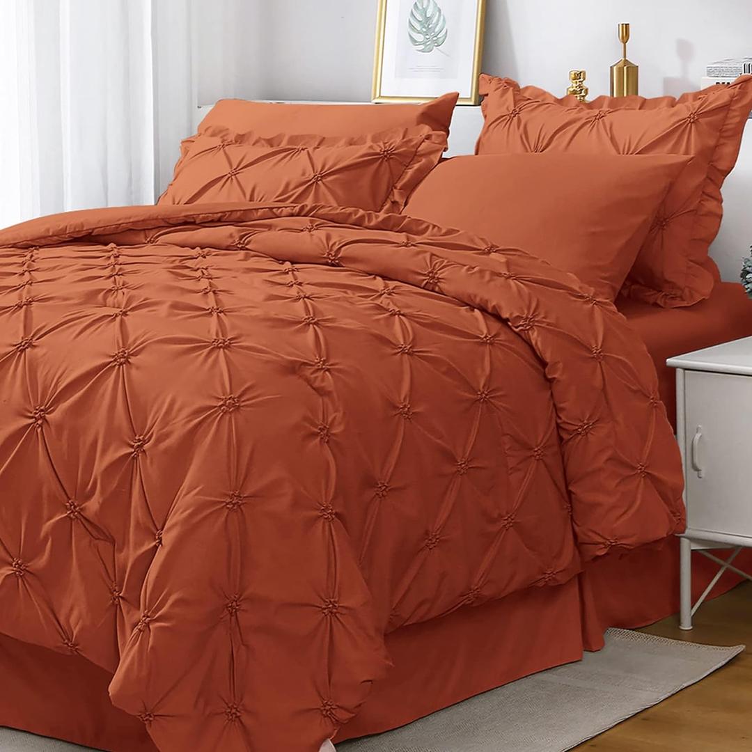 JOLLYVOGUE Burnt Orange Full Size Comforter Sets 7 Pieces, Pintuck Bed in a Bag Comforter Set for Bedroom, Bedding Comforter Sets with Comforter, Sheets,Ruffled Shams & Pillowcases (Full(82"x86"))