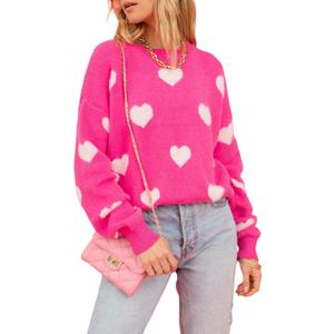 Heart Sweater for Women Valentines Cute Print Crewneck Long Sleeve Oversized Love Sweaters Knit Pullover Tops (X-Large, Bright Rose)