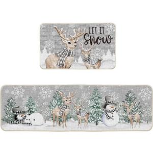 Artoid Mode Xmas Trees Deer Snowflakes Christmas Kitchen Mats Set of 2, Winter Home Decor Low-Profile Kitchen Rugs for Floor - 17x29 and 17x59 Inch (Silver)