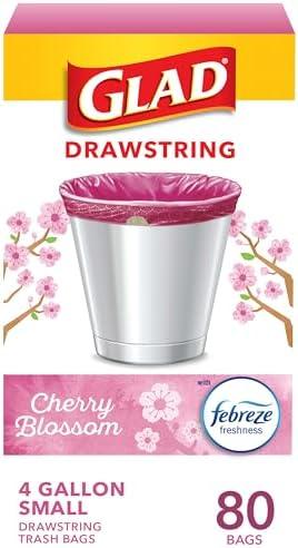 Glad Small Trash Bags 4 Gallon, Febreze Cherry Blossom Garbage Bags, Odor Resistant with Drawstring, 80 Count