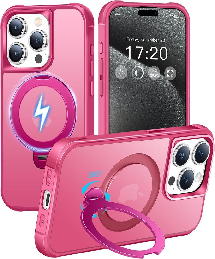 HuwaiH 360 Rotatable Magnetic Ring Stand for iPhone 15 pro Case, Compatible with MagSafe, Military-Grade Shockproof, Anti-Scratch Matte Translucent Phone Case for iPhone 15 pro(Rose)