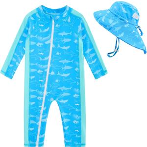 UNIFACO Baby Boy Swimsuit UPF 50+ Sun Protection One Piece Zip Bathing Suit with Sun Hat Infant Sunsuit Swimwear (12-18 Months, A-shark-02)