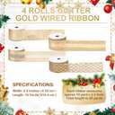 Riceshoot 40 Yard Christmas Tree Gold Ribbon Wired with Glitter 2.5" Glitter Mesh Champagne Fabric Christmas Ribbon Gold Wired Ribbon 4 Roll for Tree Topper Decor, Wreath, Gift Wrapping, Craft