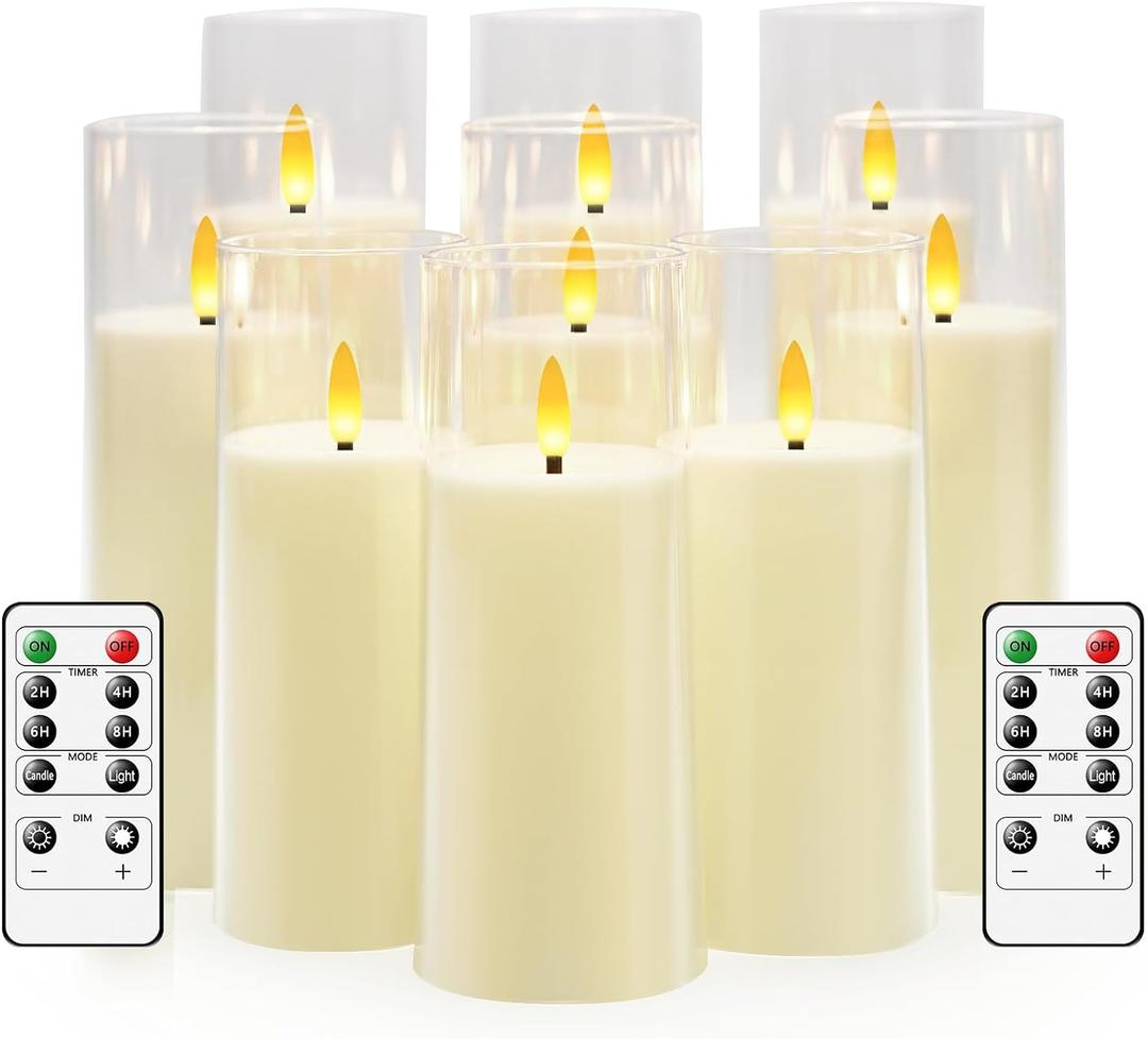 kakoya Flickering Flameless Candles Battery Operated with Remote and 2/4/6/8 H Timer Plexiglass Led Pillar Candles Pack of 9(D2.3 xH5.5 6.5" 7.5") with Realistic 3D Wick Candles for Home Decor(Ivory)