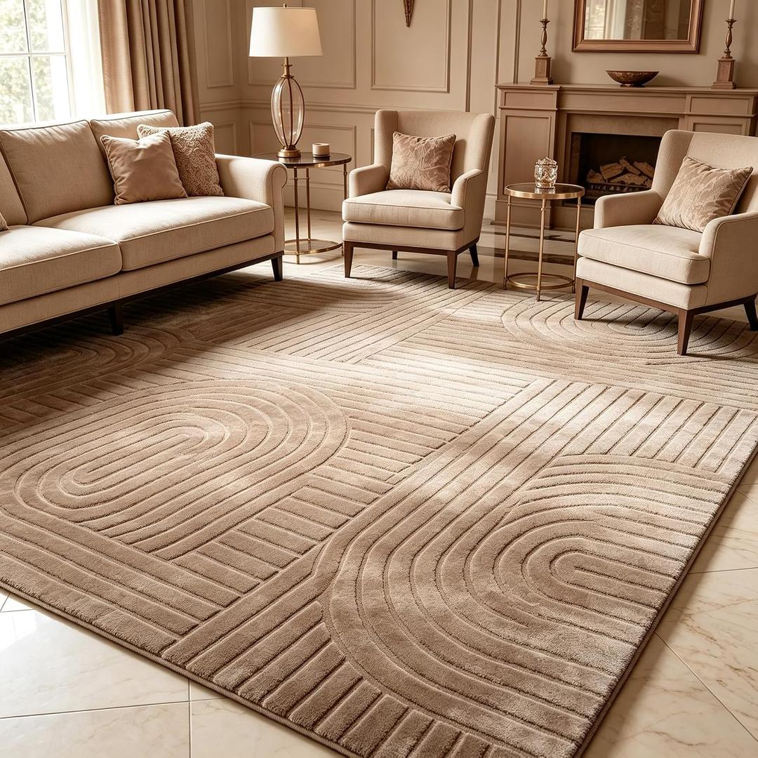 Brown Solid Area Rug 5x7, Washable Living Room Rug, Ultra Soft Indoor Rugs for Bedroom, Modern Geometric Boho Pattern High-Low Textured Carpet for House Apartment, Home Office Decor