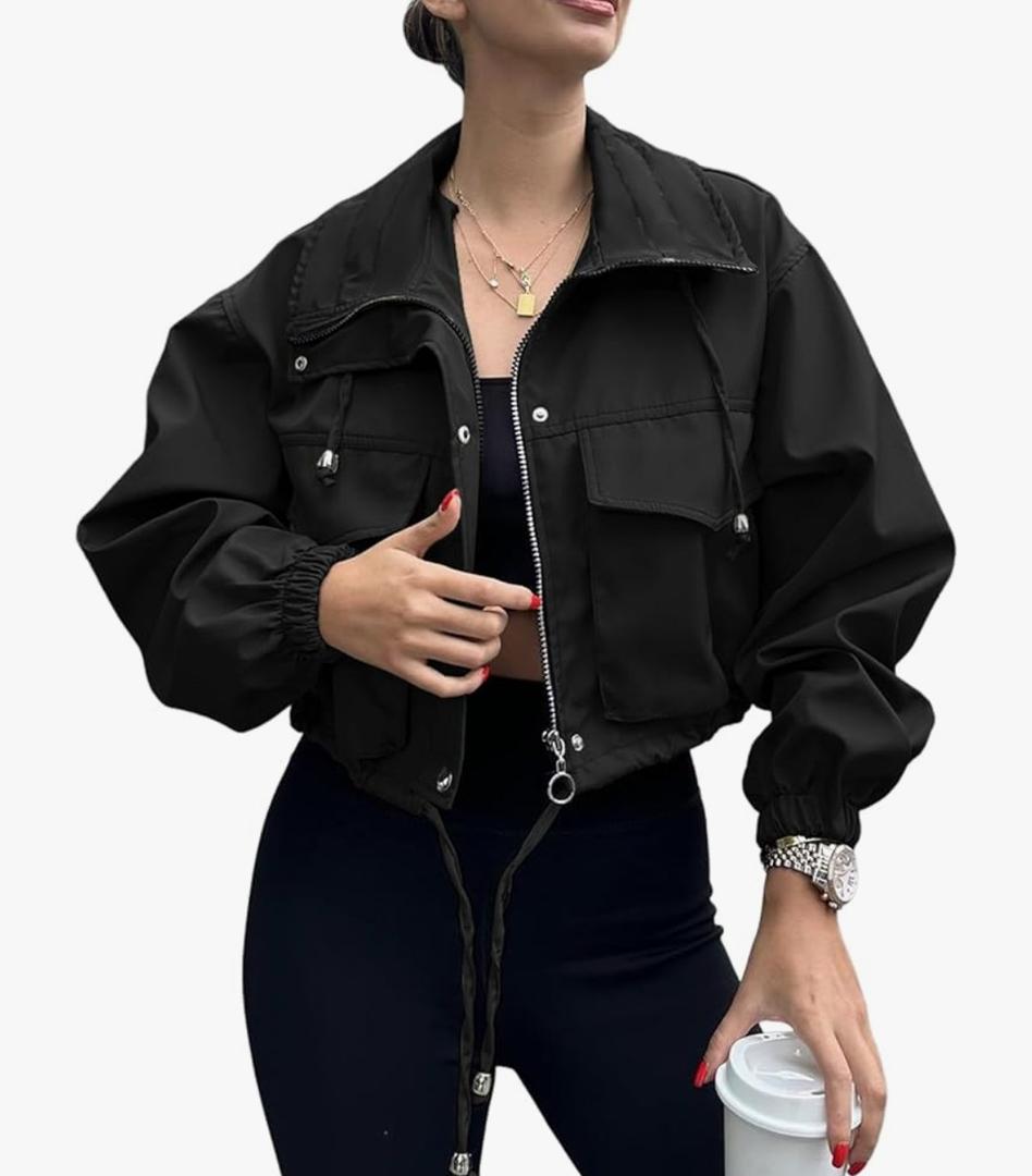 Tankaneo Womens Cropped Jacket Zip Up Lightweight Oversized Utility Anorak Coat with Pockets S