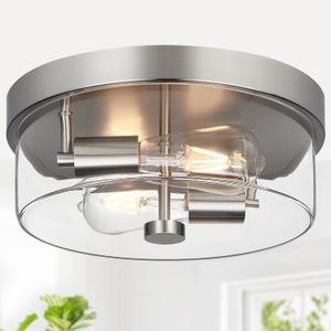 Flush Mount Ceiling Light Fixtures, 2-Light 12 Inch Brushed Nickel Close to Ceiling Light Fixtures with Clear Glass Shade Ceiling Light Fixture for Porch, Hallway, Bathroom, Dining Room and