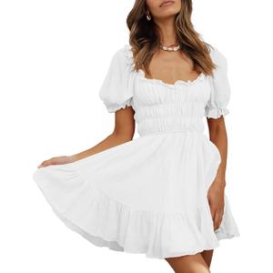 Women's Square Neck Puff Sleeve Mini Dresses Ruffle Elastic Waist A-Line Elegant Summer Casual Flowy Mini Dress (White)