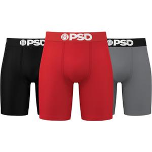 PSD Underwear Mens Boxer Briefs - Solid Basics, Standard Length Pack & Singles, Soft & Breathable Boxer Briefs for Men (Large, Red/Grey/Black 3-Pack 1)