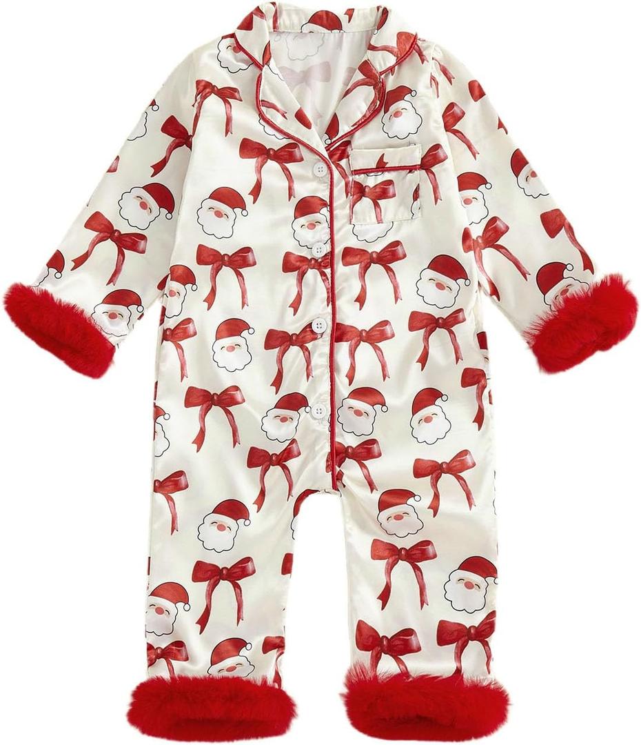 Baby Girl Easter Pajamas Newborn Bunny Carrot Cross Feather Trim Nightgown Jumpsuit Romper Cute Silk Pjs Sleepwear (6-12 Months, Santa Claus Bow Print White)