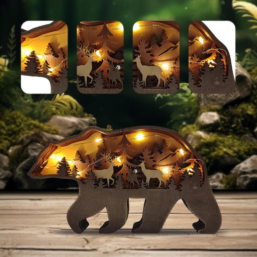 3D Wood Carving Animals Lamp Home Decorative, Cute Bear Family Elephant Presents Ideas Christmas Living Room Office Decor Warm LED Night Lights Gift for Friend Daughter Son Mom Dad (Forest Bear)