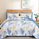 WONGS BEDDING Navy Blue Quilt Queen Size, Botanical Bedspread with Leaves Pattern 3 Pieces Lightweight Microfiber Reversible Coverlet Home Decor for All Seasons96"90"