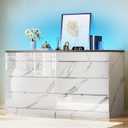 DWVO 8 Drawer Dresser with LED Light,White Marble Dresser, Modern 8 Chest of Drawers with Deep Drawers Glass Top High Gloss Surface, Storage Organizer Cabinet for Living Room, Bedroom