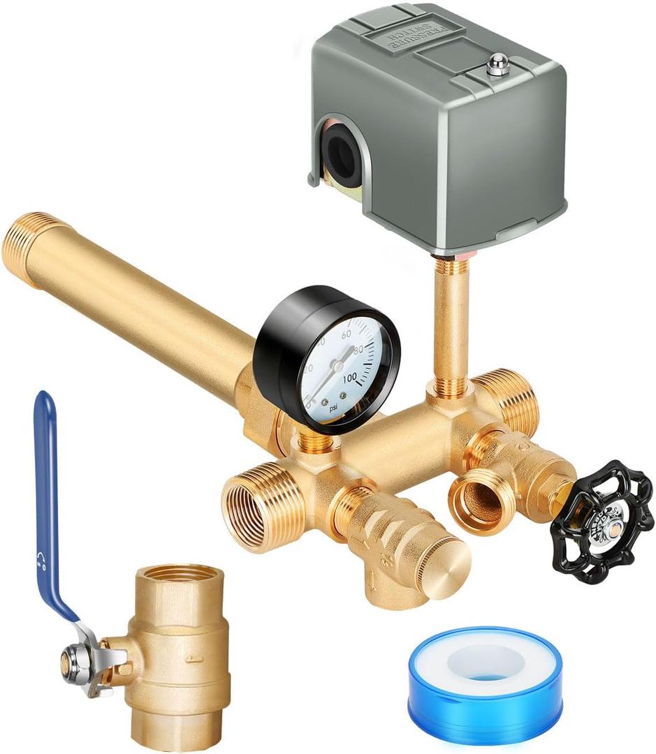 Miumoon 1"x 11"Well Pressure Tank Tee Kit with Union, 40-60Psi Pressure Switch, Ball Valve, 100 Psi Pressure Gauge, Relief Valve, Drain Valve, Well Tank Tee Kit for Tank with Diameters Up to 16"