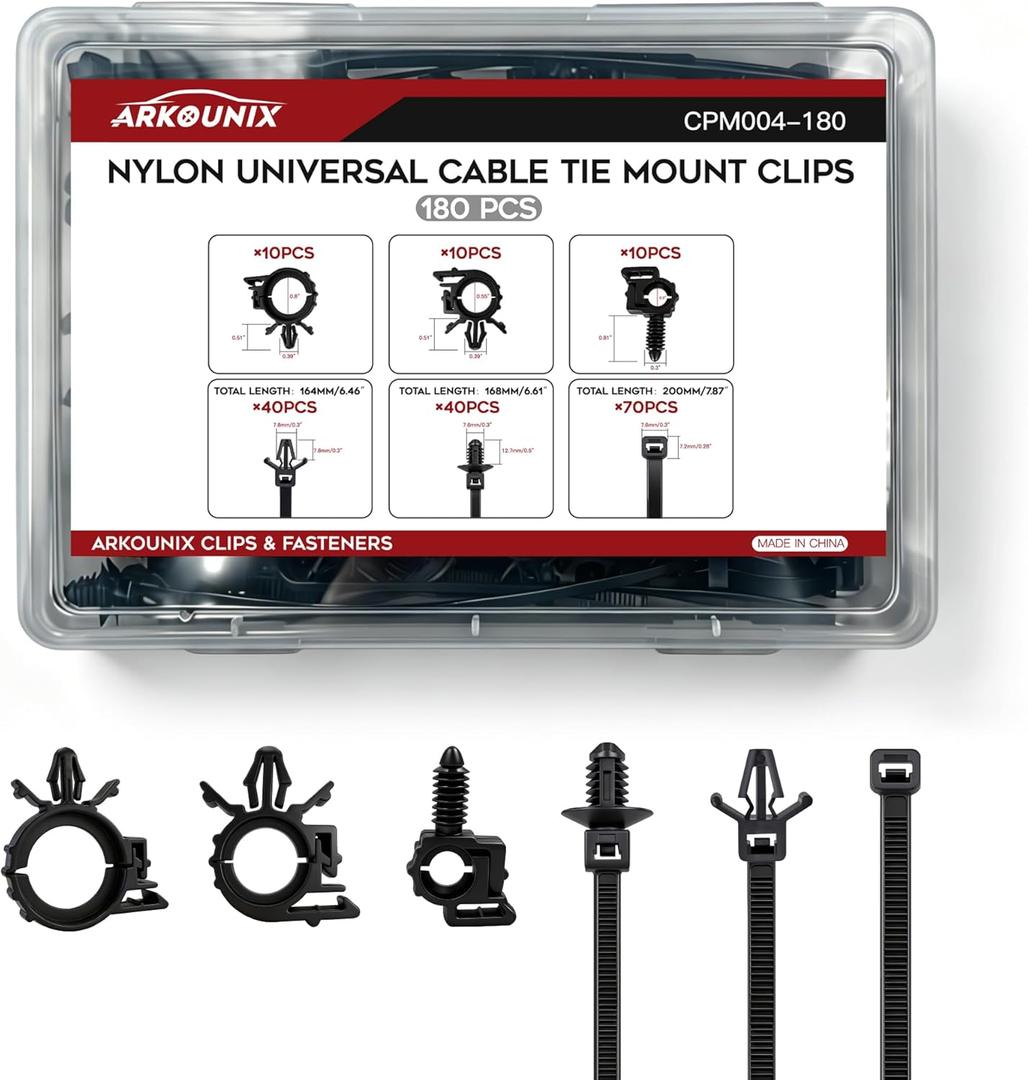 180PCS Universal Push-Mount Cable Zip Ties with Clips