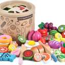WHOHOLL 43 Pcs Wooden Play Food for Kids Play Kitchen Accessories Playset with Basket, Pretend Cutting Food Toys for 3 4 5 6 Year Old, Vegetables Fruits Toys Christmas Birthday Gifts for Girls Boys