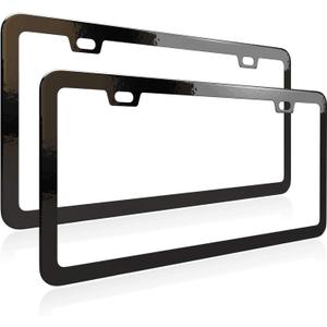 License Plate Frame, Metal Thin Stainless Steel with 2 Holes Screw Cap, 2 Pack ((Top-Purchased) Matte Black)