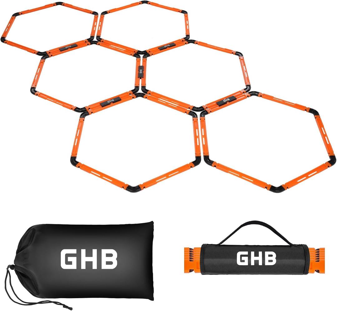GHB Hex Agility Rings Speed Rings with Carrying Bag 6 Set Portable Hexagon Rings, Agility Ladder for Agility Footwork Training (Orange)
