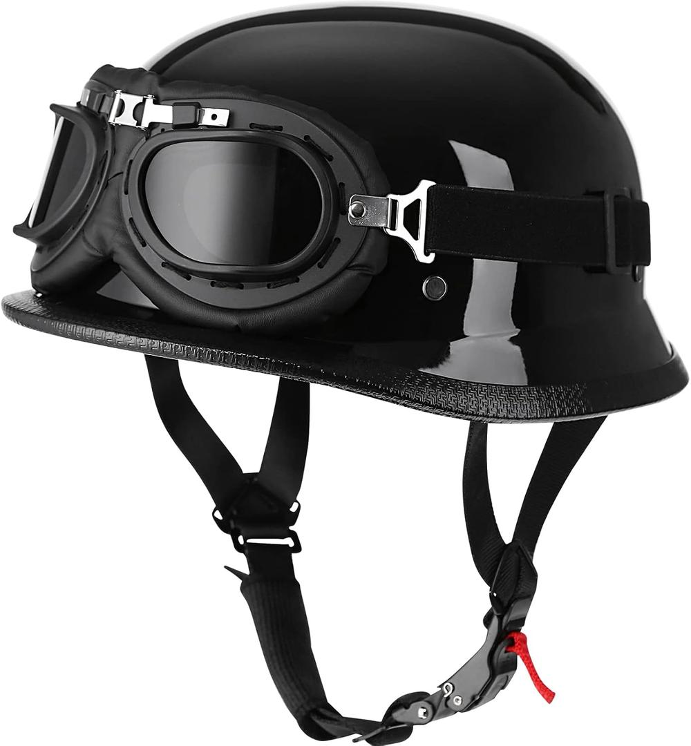 Yesmotor Helmet Half Shell German Motorcycle Helmet with Cycling Glasses - DOT Approved (XX-Large, Light Black & Black)