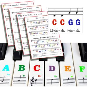 Piano Keyboard Stickers for 88/61/54/49/37 Key, with Piano Sheet Music,Large Letter Piano Key Stickers for Learning, Removable Notes Label for Beginners and Kids,Multicolor
