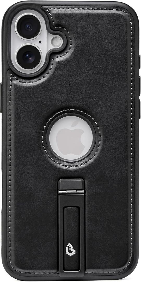 For iPhone 16 Plus Case Leather with Stand, Strong Magnetic Fits for MagSafe (Black, iPhone 16 Plus)