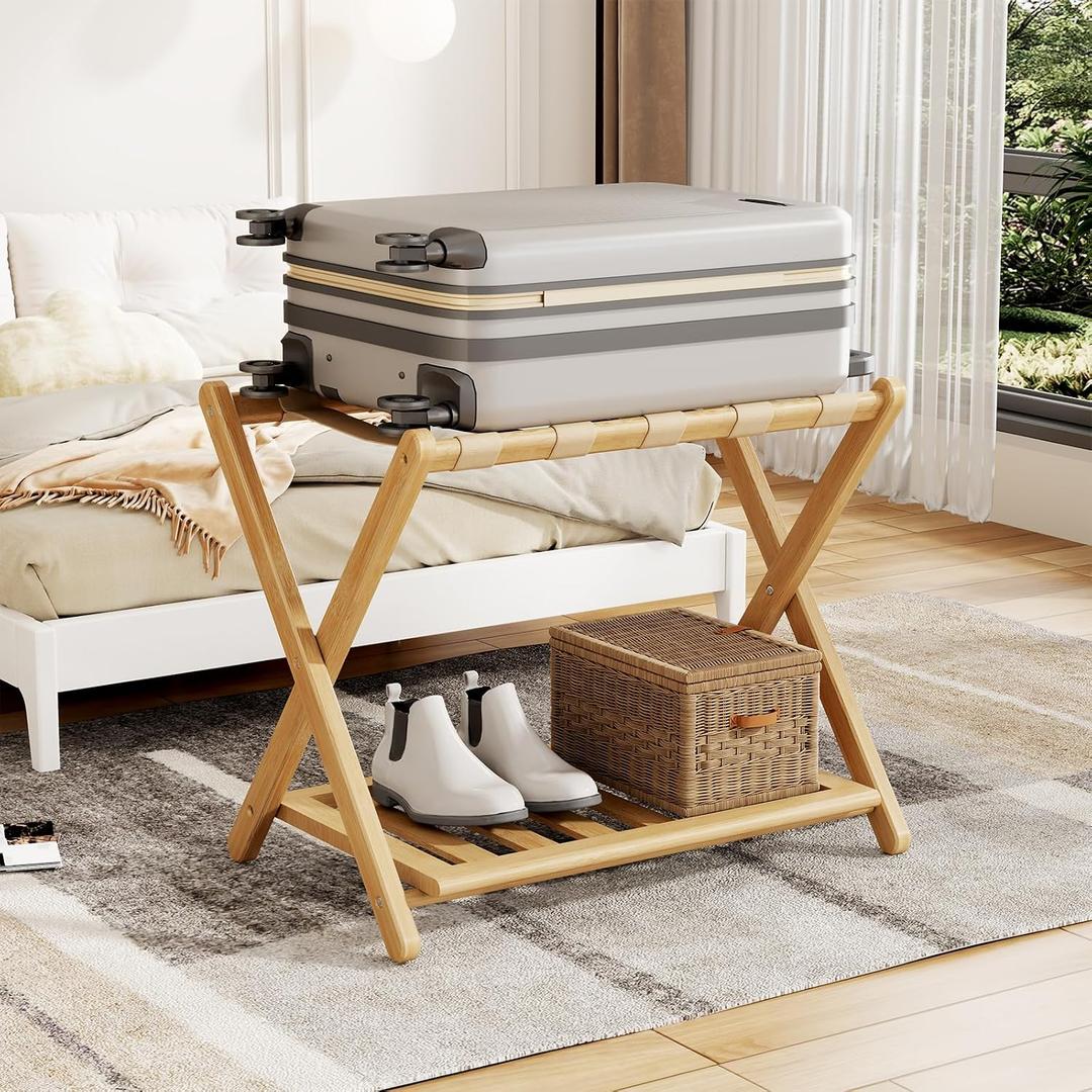 Full Assembled 26.77"L Luggage Rack for Guest Room, Set of 1 Foldable Suitcase Stand with 5 Nylon Straps, Luggage Holder with Shoe Shelf for Suitcases, Hotel (Natural Wood Bamboo Luggage Stands)