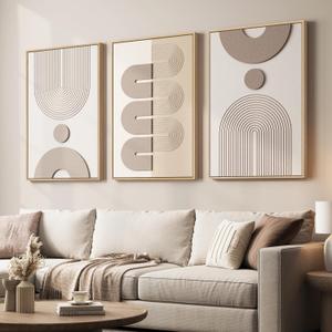 Large 3D Textured Framed Boho Neutral Abstract Wall Art for Living Room, 3 Piece Modern Paintings Artwork for Walls, Minimalist Beige White Geometric Pictures for Bedroom Hallway Office Wall Decor 24x36 In, 24"w X 36"h X 3pcs
